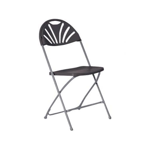 Titan fan back folding chair with steel frame and linking mechanism, folded and in use at event