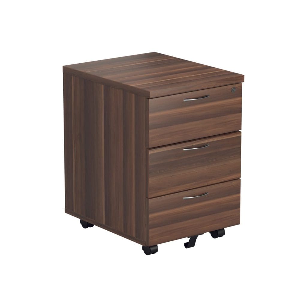 3-drawer mobile pedestal with wooden finish, silver handles, and castors