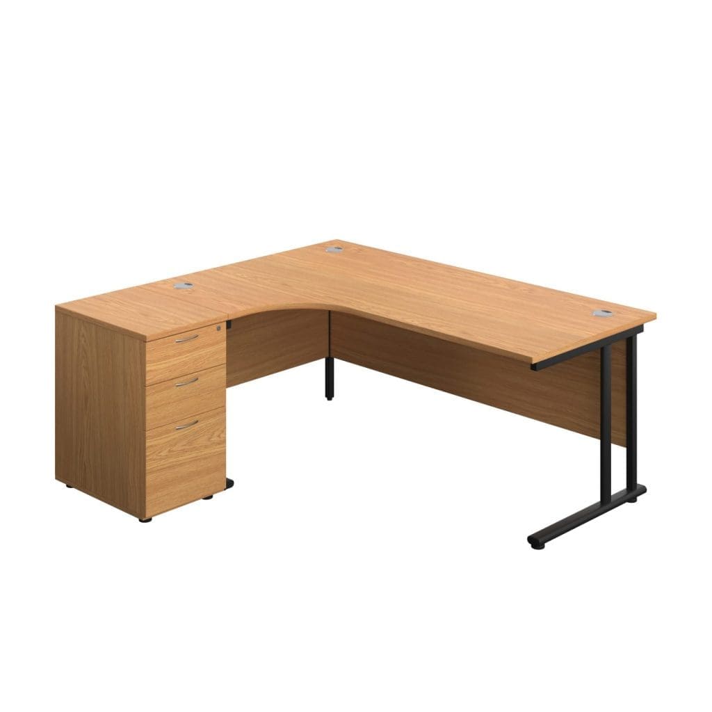 Modern left hand radial desk with wooden finish and steel cantilever legs