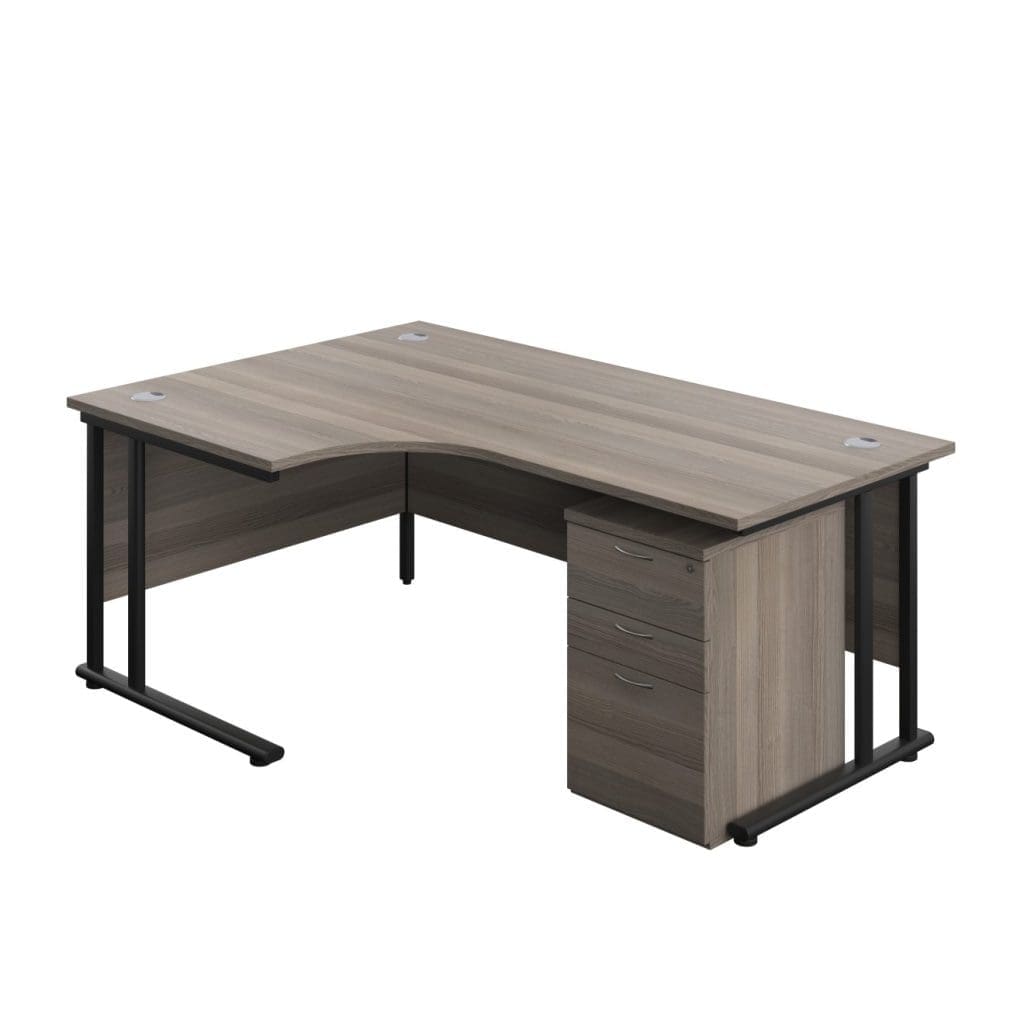 Left hand radial office desk with wooden top and steel cantilever legs