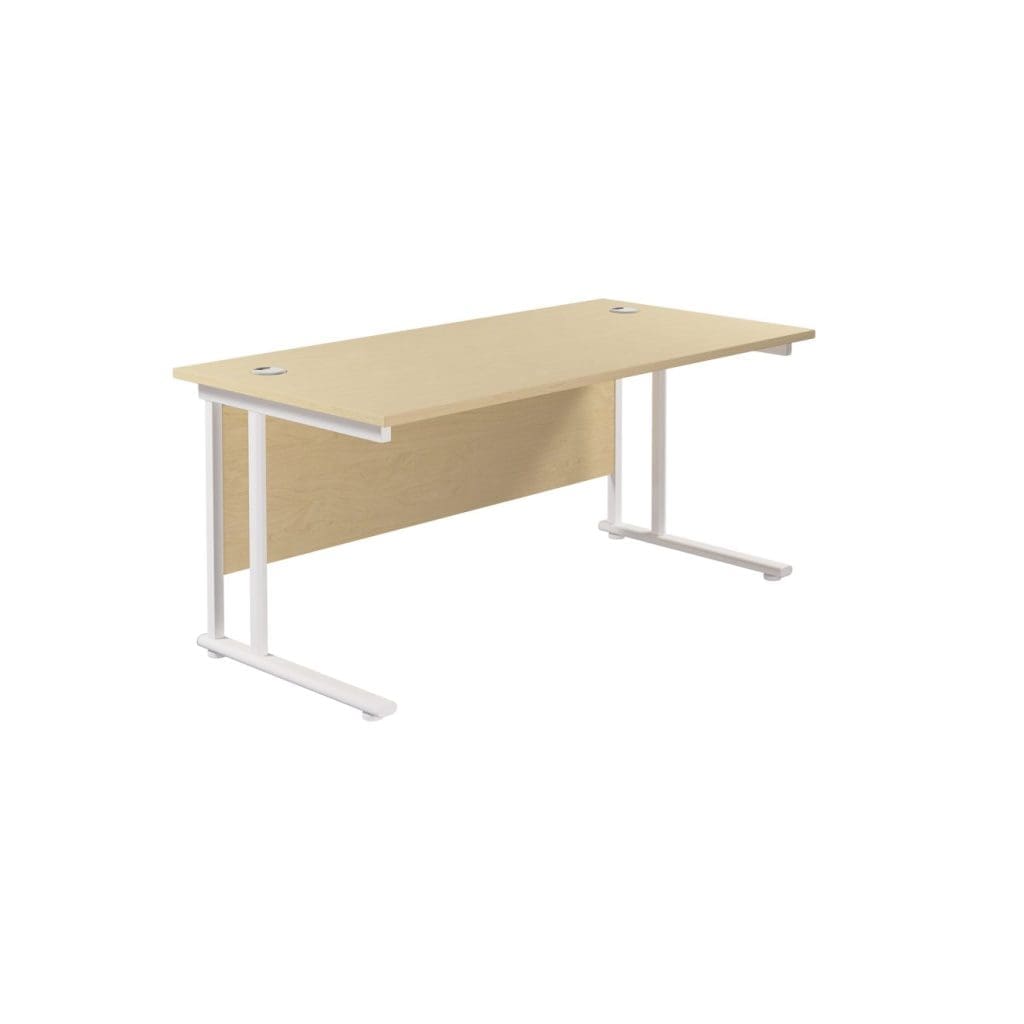 Rectangular office desk with twin upright steel frame and modesty panel