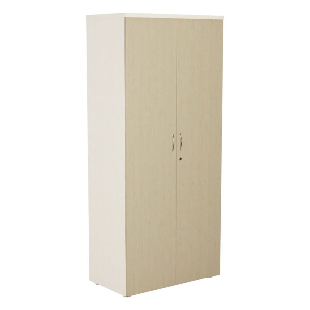 Wooden cupboard with lockable silver-handled doors and black adjustable feet
