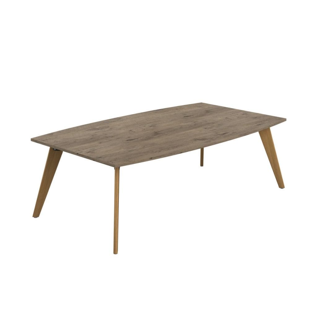 Plateau Barrel Table with slanted wooden legs and angled desktop in meeting room setting