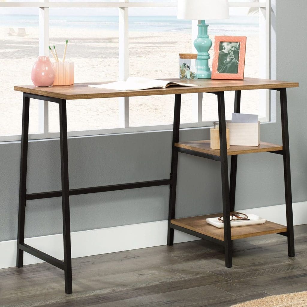 Industrial style bench desk with Sindoori Mango finish and black metal frame