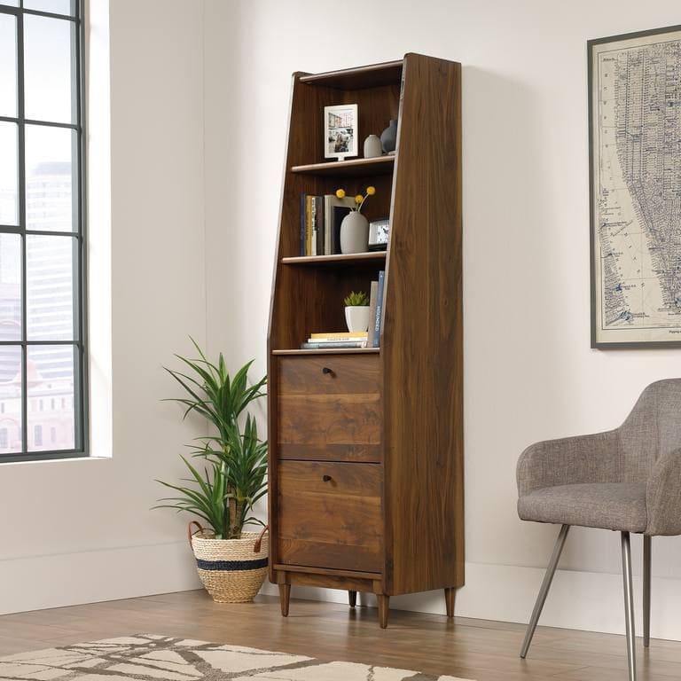 Mid century narrow bookcase with walnut effect finish and filing drawers