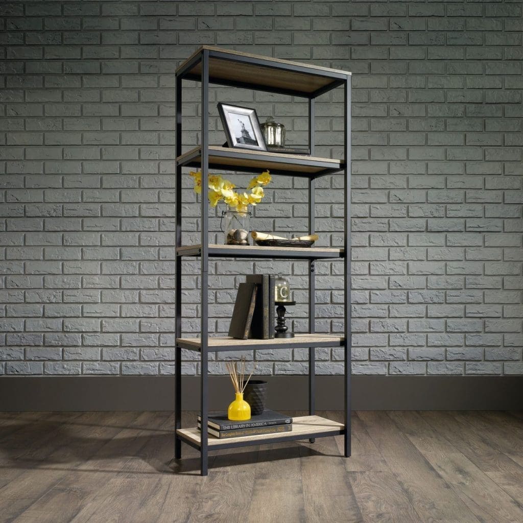 Industrial style 4 shelf bookcase with charter oak effect shelves and black metal frame