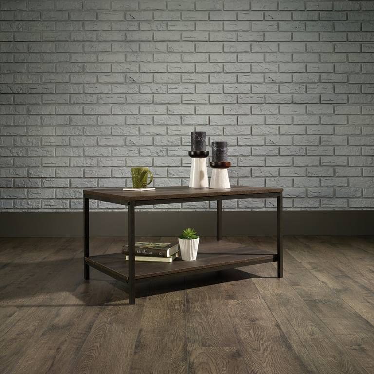 Industrial style coffee table with smoked oak effect top and black metal frame