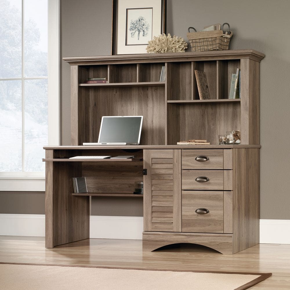 Salt Oak louvre hutch desk with drawers, hutch shelves, and keyboard tray