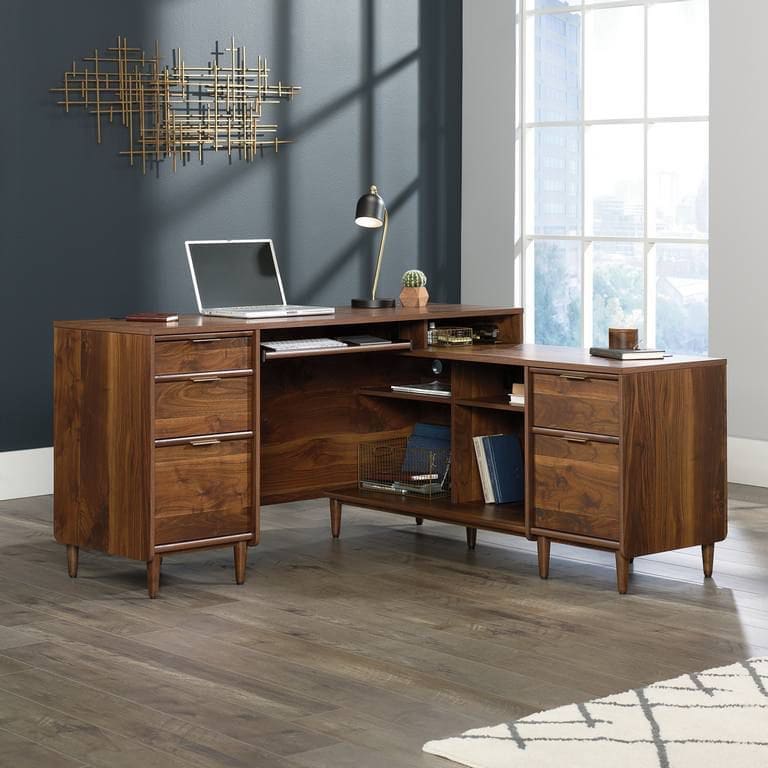 Clifton Place L-shaped walnut desk with drawers and keyboard shelf