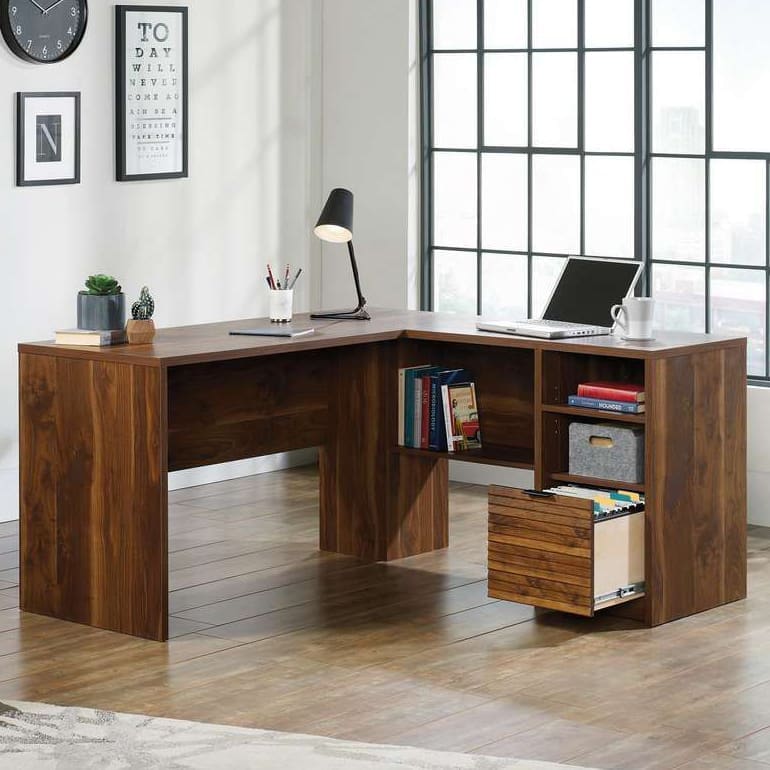 Hampstead Park L-shaped desk in Grand Walnut with open shelving and filing drawer
