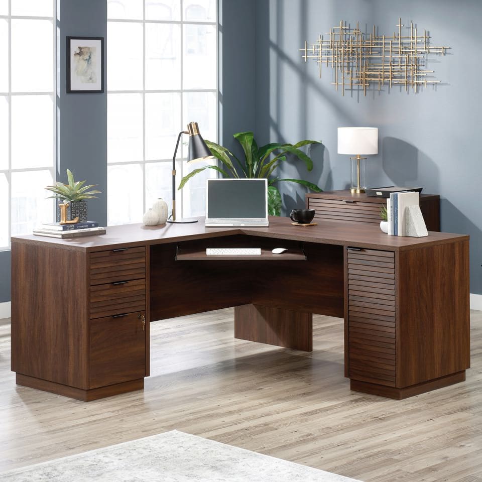 Elstree L-shaped desk in Spiced Mahogany with drawers and CPU storage