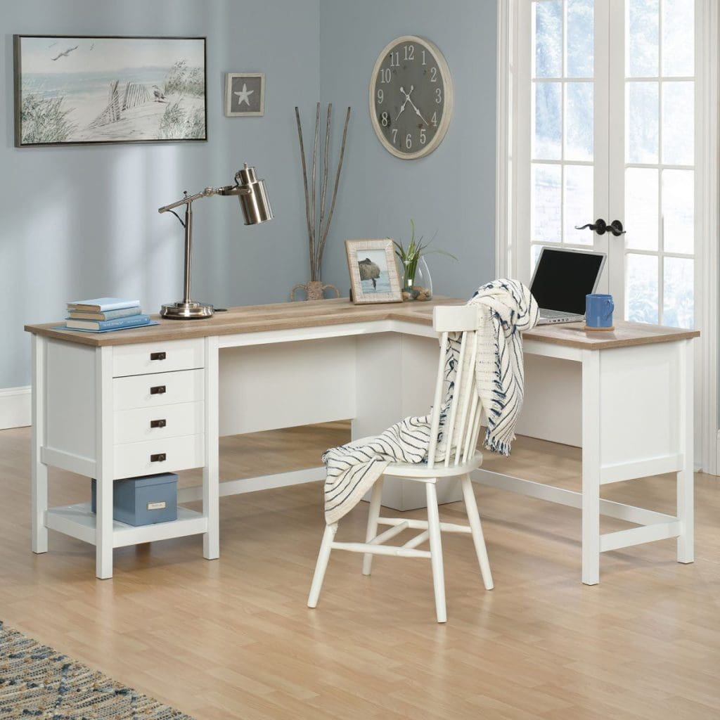 Shaker style L-shaped desk in soft white with oak desktop and drawers