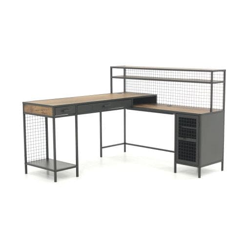 Boulevard Café L-shaped desk with oak finish, drawers, mesh door, and shelving