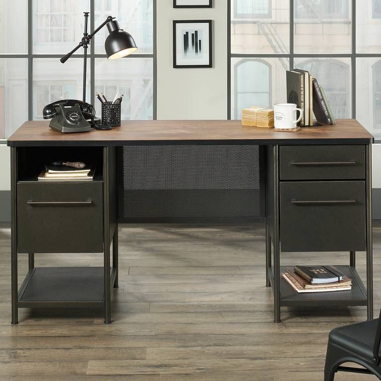 Boulevard Café desk with black frame, Vintage Oak finish and storage drawers