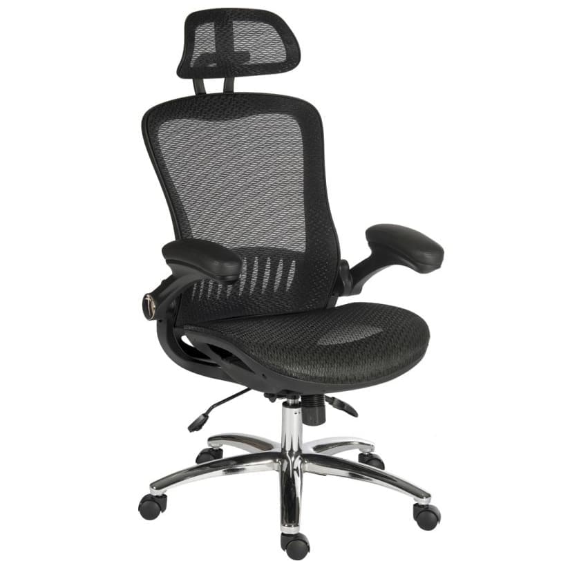 Luxury mesh executive office chair with adjustable headrest and fold-back arms in black mesh