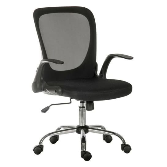 Mesh executive chair with flip-up arms, chrome base, and reclining function