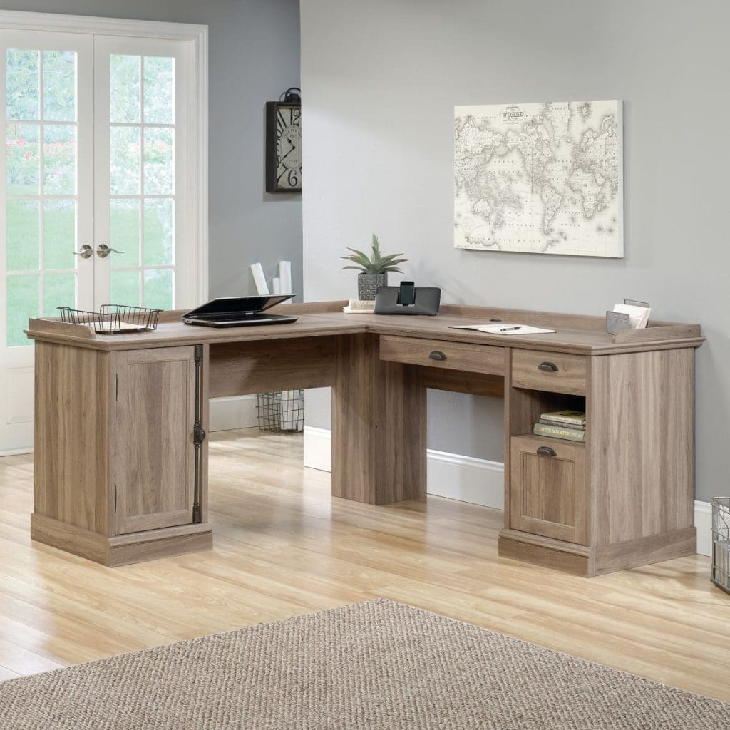 Barrister Home L-shaped desk in salt oak with storage drawers and cupboard