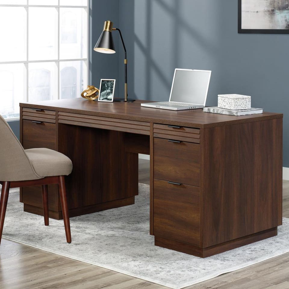 Elstree executive desk in Spiced Mahogany with drawers and cable ports