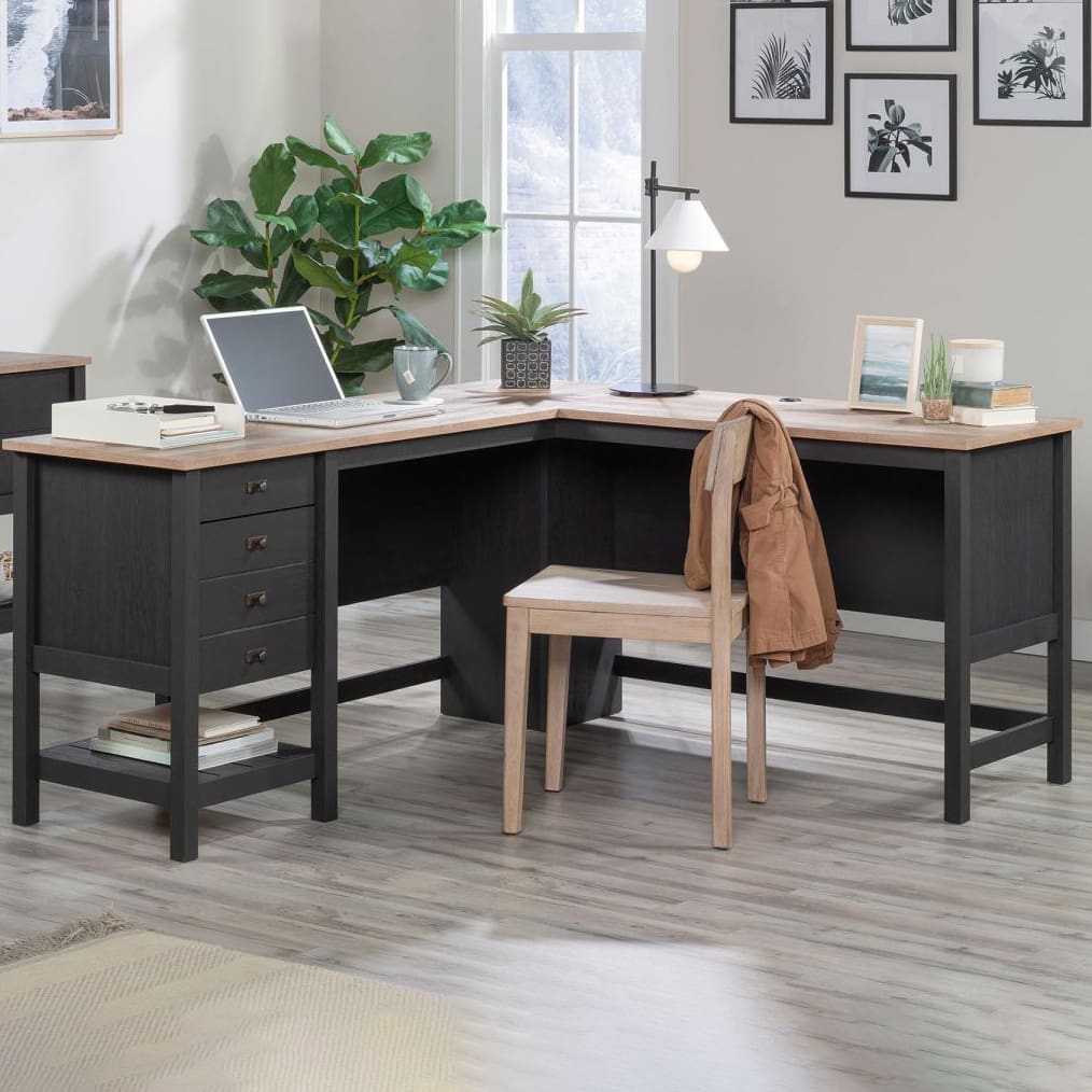 Shaker style L-shaped desk in raven oak with accent desktop and drawers