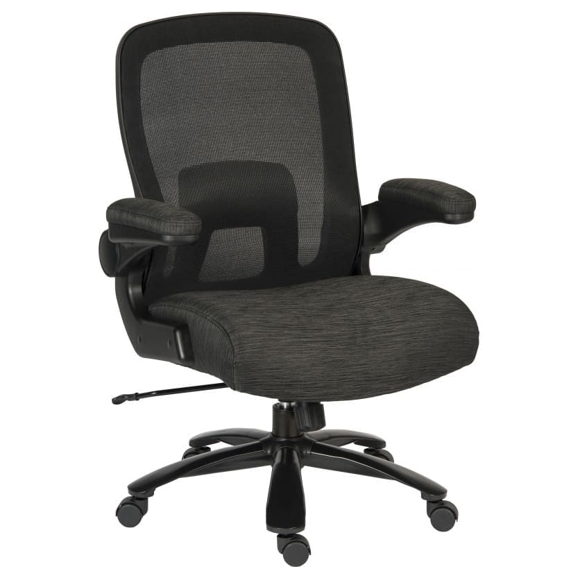 Heavy duty chair with mesh back, deep cushioned seat, and fold-up armrests
