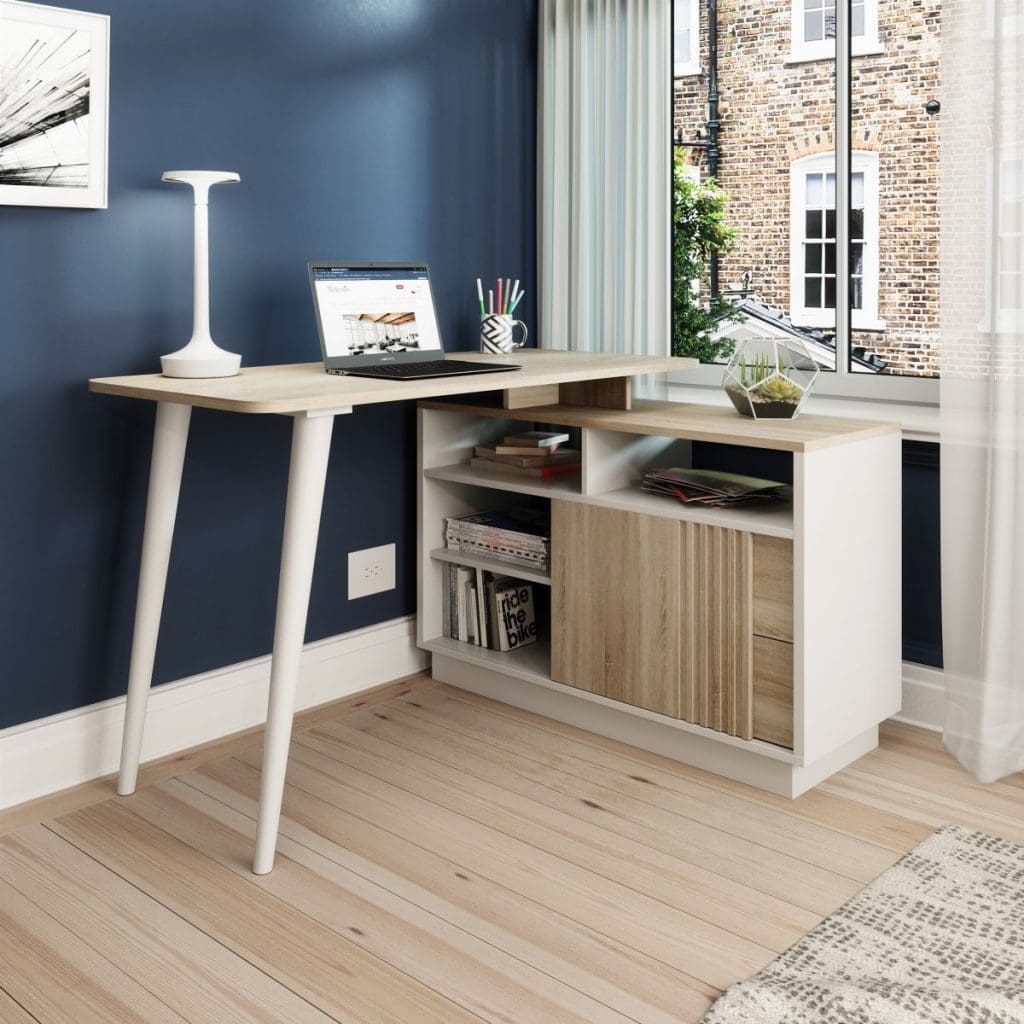 Bridge desk with Sonoma Oak finish, white accents, and configurable return