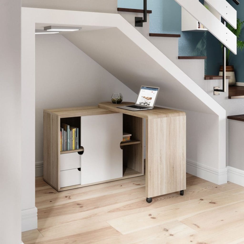 Folding home office desk with Sonoma Oak finish, drawers, and cupboard