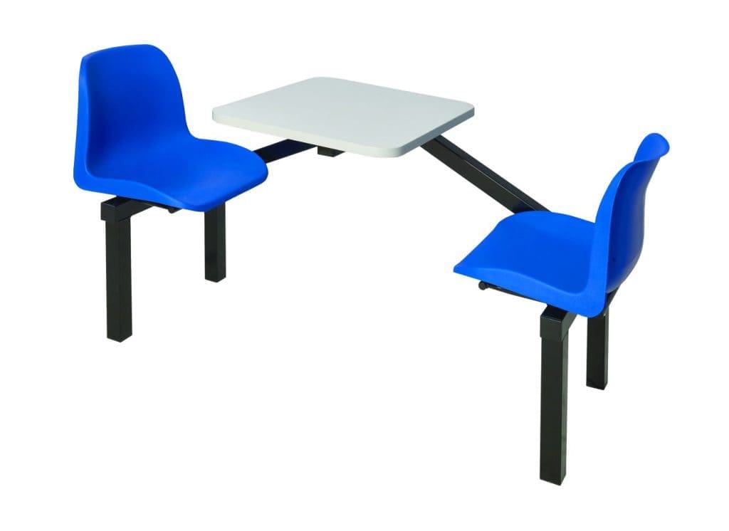 2-seat canteen furniture unit with blue seat shells and grey table