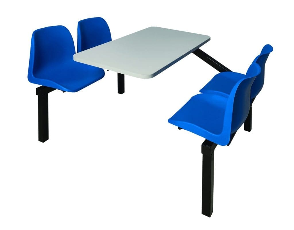 4-seat canteen furniture unit with blue seat shells and light grey table