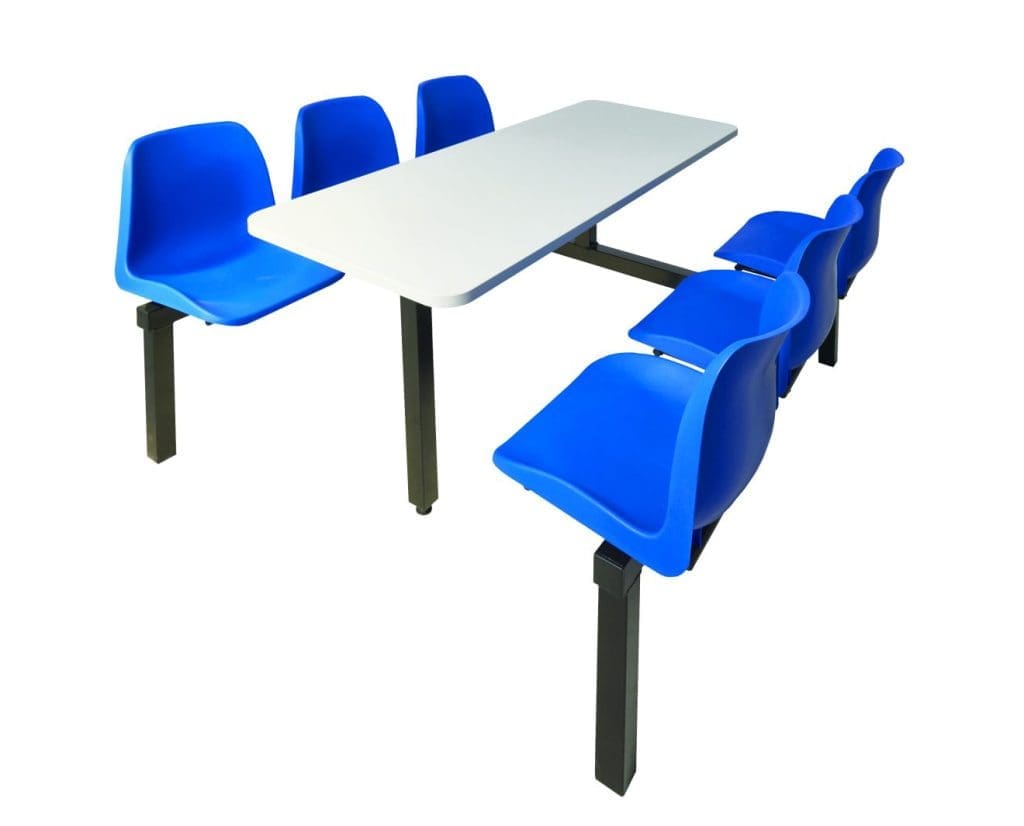 6-seat canteen furniture unit with blue polypropylene seats and grey MFC tabletop