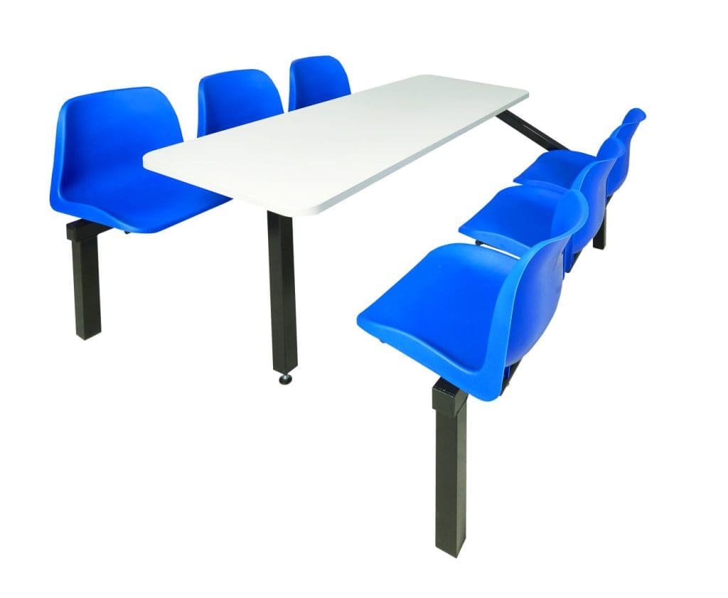 6-seat single entry canteen furniture unit with blue polypropylene seats and grey table