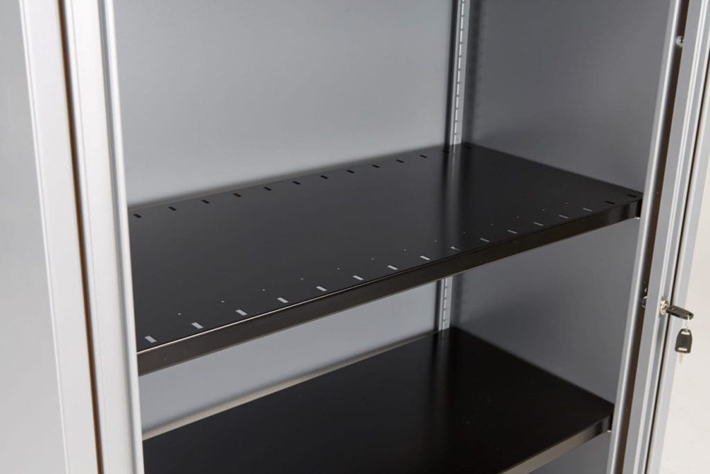 Black Bisley slotted shelf for cupboards with A4 and A3 file support