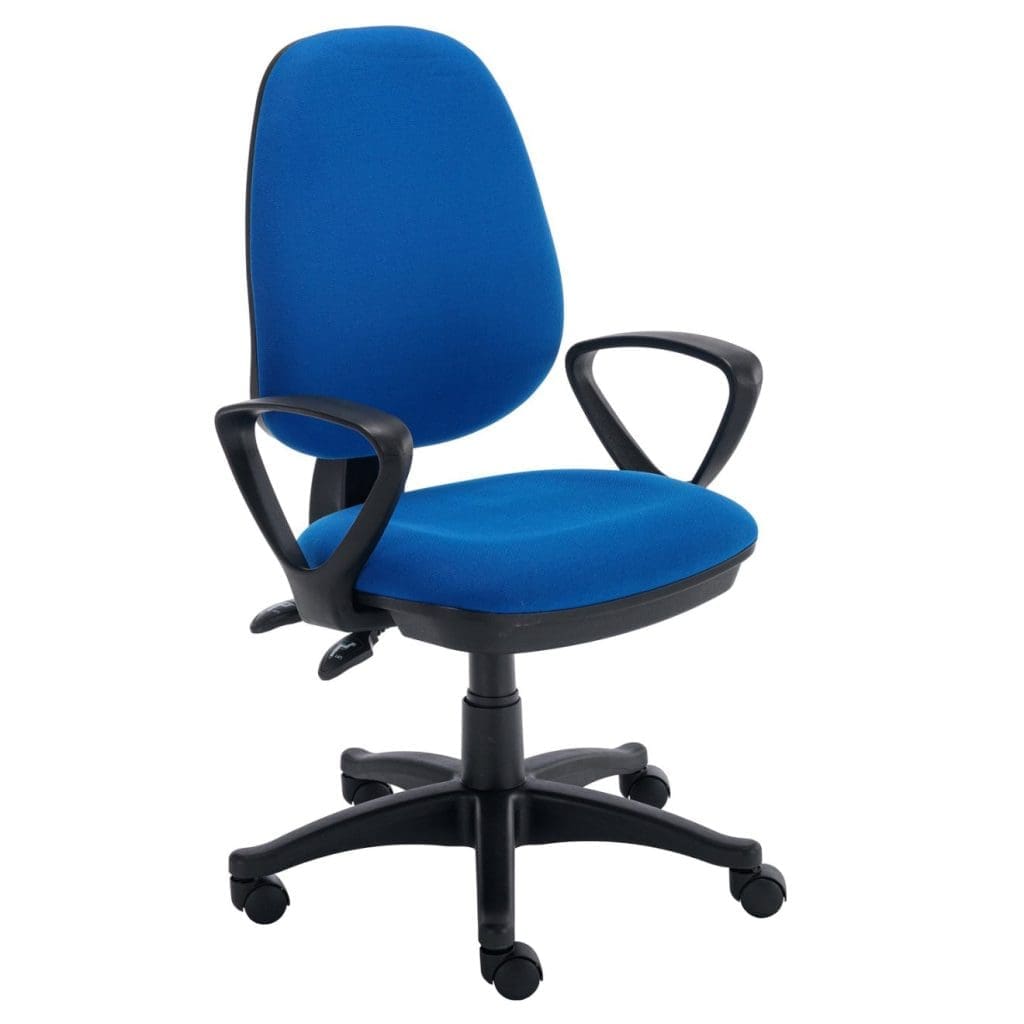 Operator chair with cushioned seat, contoured back, and adjustable arms