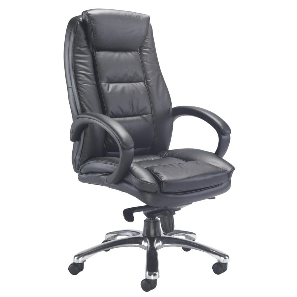 Montana executive leather chair with padded seat, headrest, and chrome swivel base