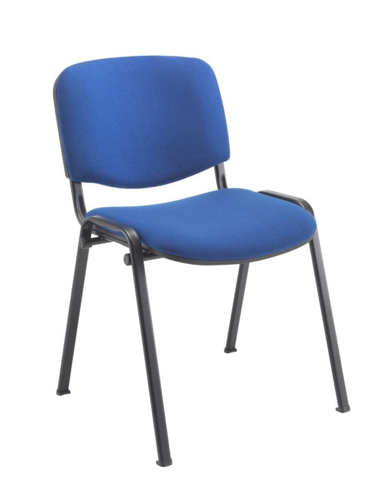 Club chair with cushioned seat and black steel frame, stackable up to four high