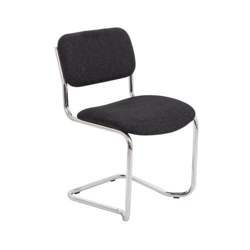 Fabric upholstered cantilever meeting chair with chrome frame stacked in office boardroom