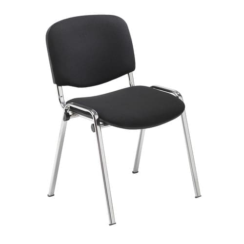 Club stackable chair with cushioned seat and chrome steel frame, stackable up to four high