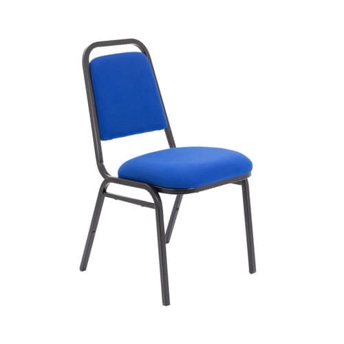 High back upholstered banqueting chair with black steel frame and padded seat, stacked in event venue