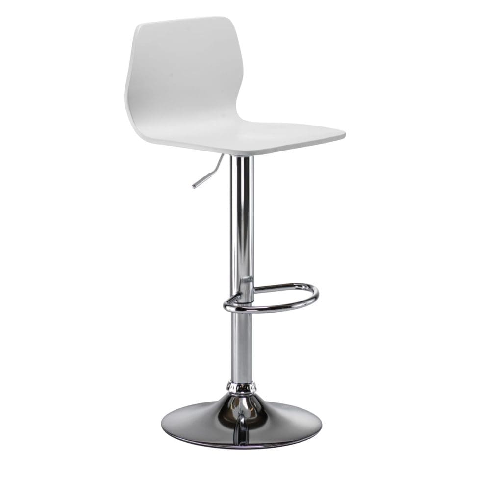 Stork Gas Lift Stool with polished wood seat, chrome base and fixed footrest