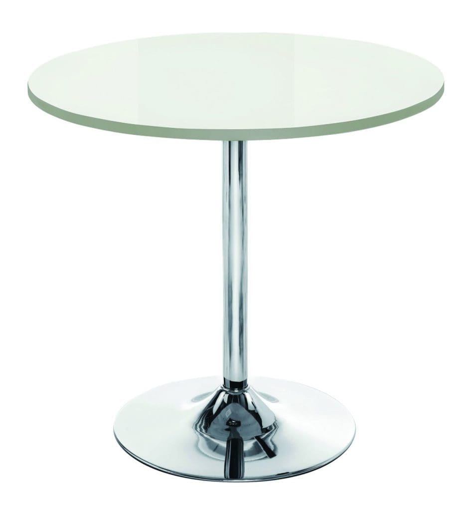 Ellipse table with chrome trumpet base and wood veneer top in meeting area