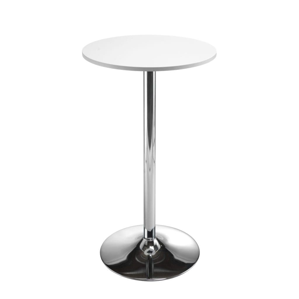 Astral high table with chrome trumpet base and wood veneer top