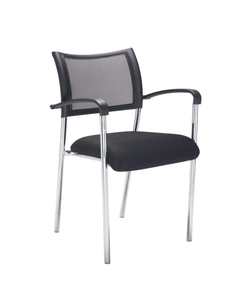 Black mesh back conference chair with plastic arms and chrome skid frame stacked in a meeting room