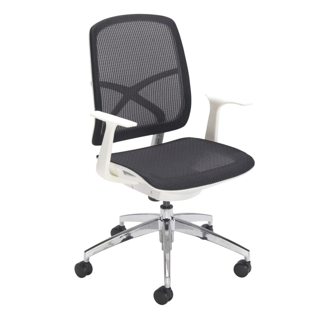 Zico white-framed mesh office chair with fixed arms and chrome swivel base