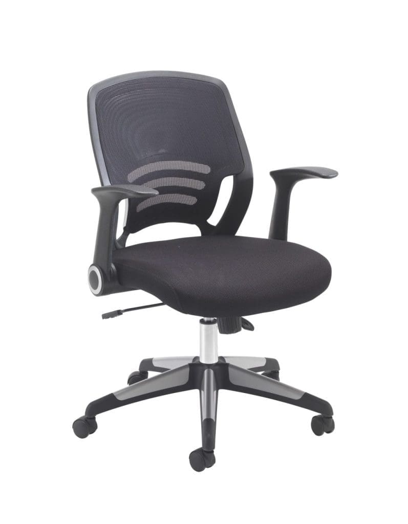 Carbon mesh office chair with folding arms and black swivel base