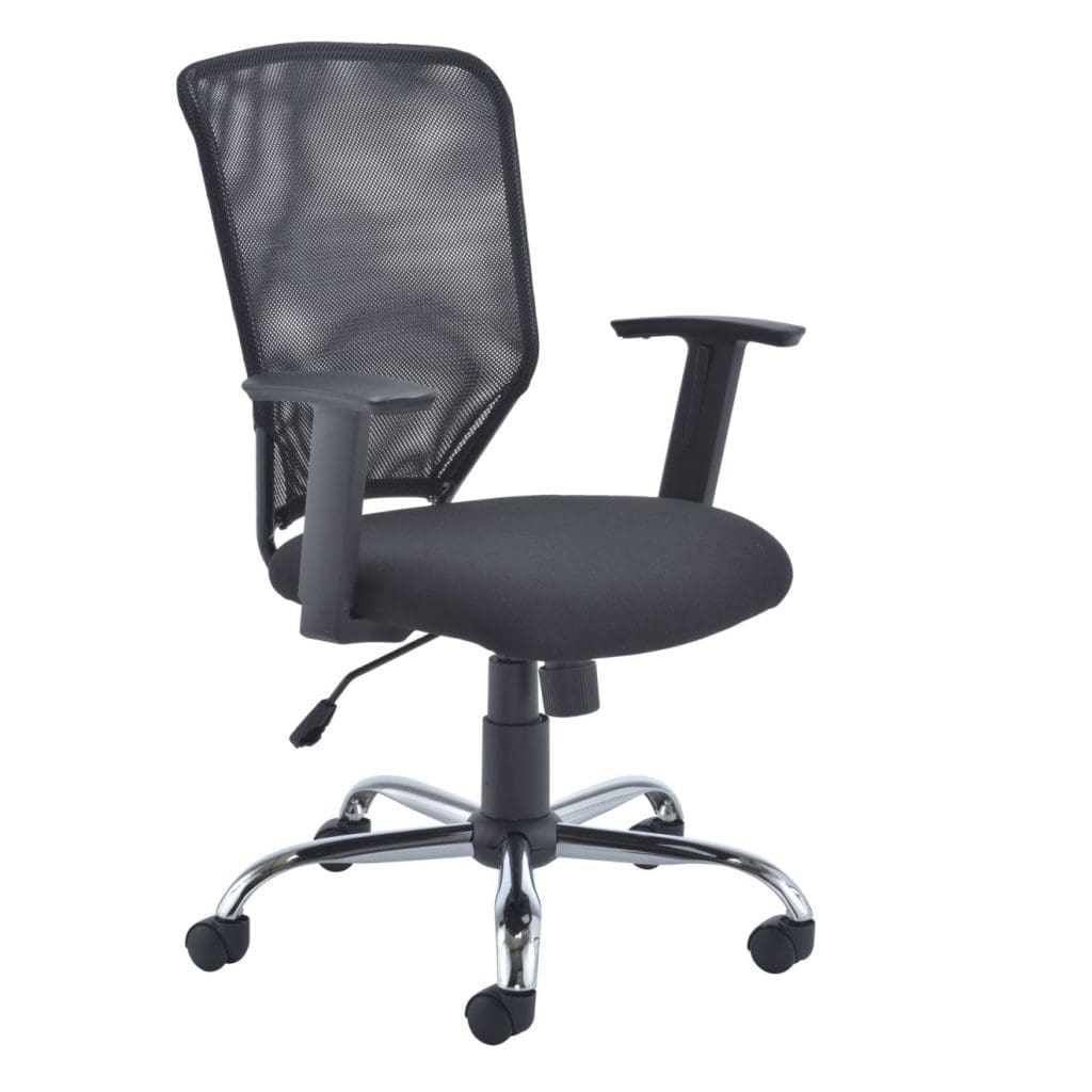 Office chair with mesh back, chrome base, and adjustable arms