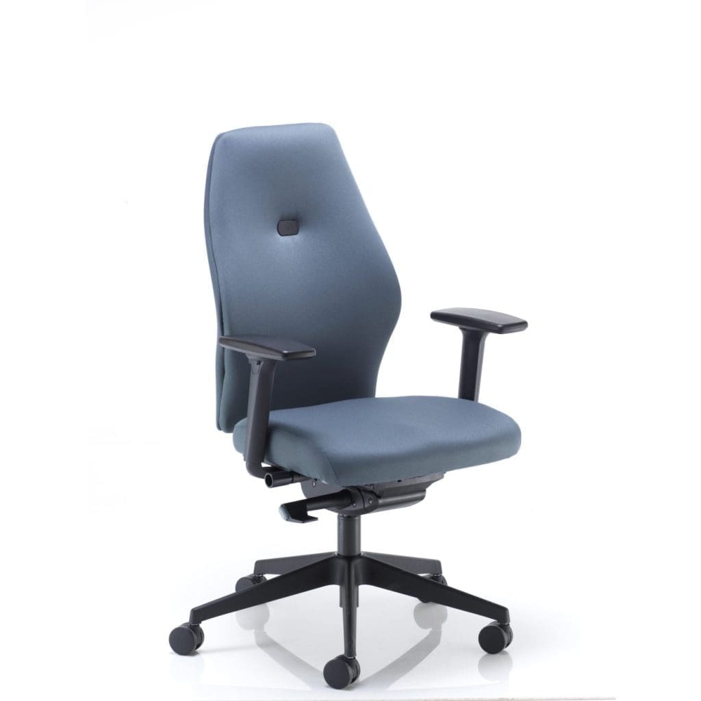 High backed ergonomic operator chair with adjustable arms and black frame on five-star base