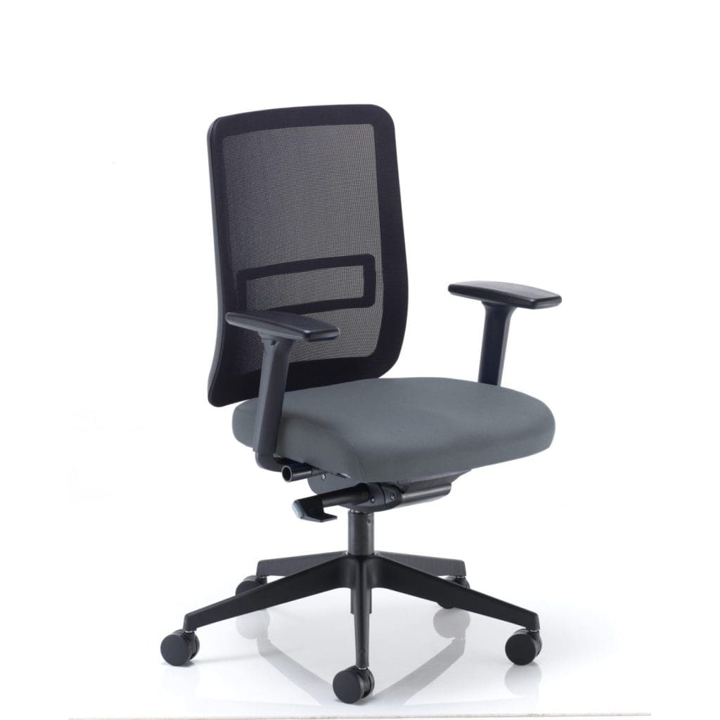 Black ergonomic office chair with mesh back and fully adjustable armrests
