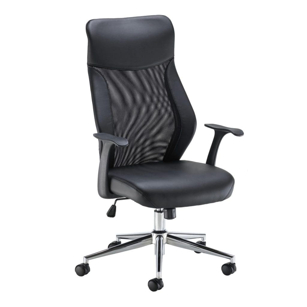 Office chair with mesh back, padded headrest, and chrome base