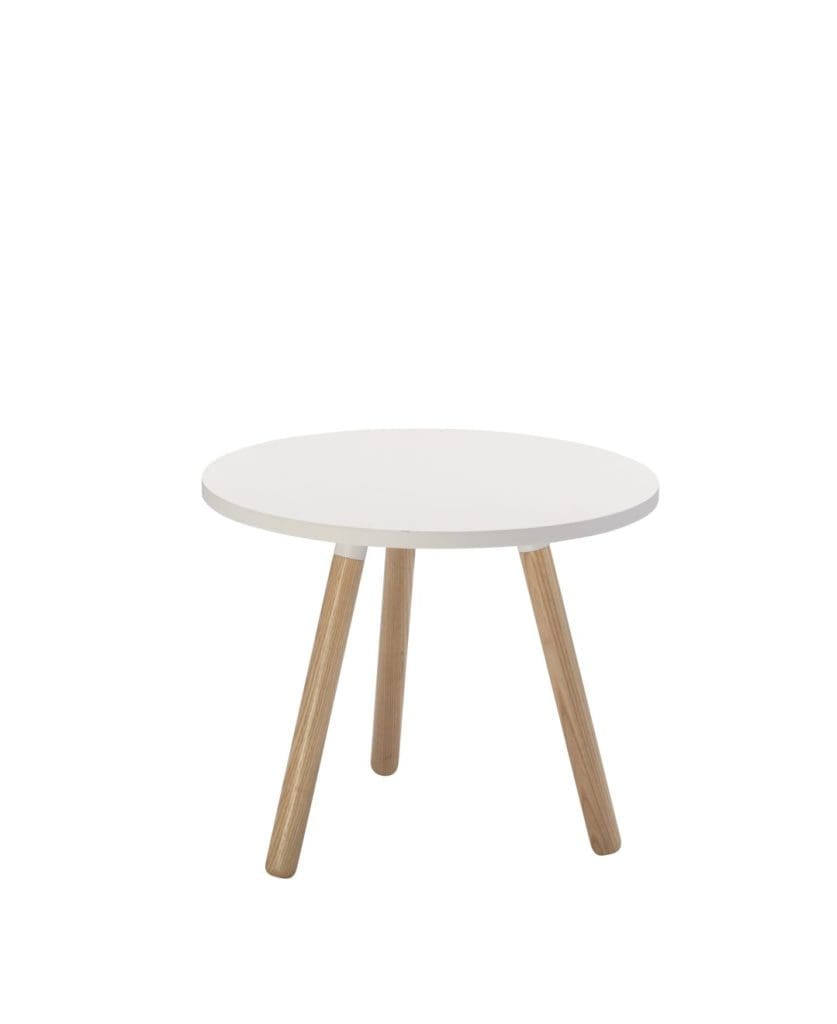 Round white tripod table with wooden legs in a modern waiting area