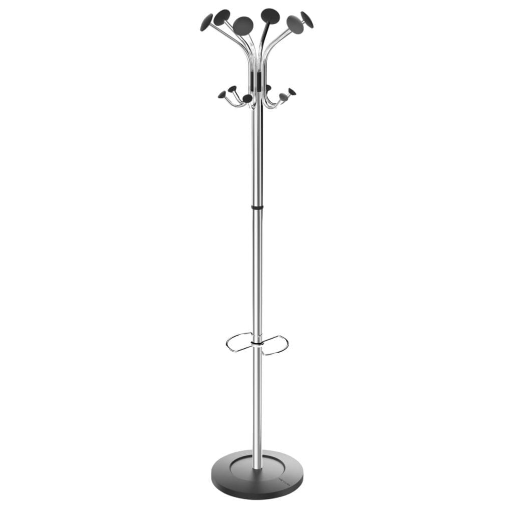 Steel coat stand with umbrella holders and weighted base in office reception