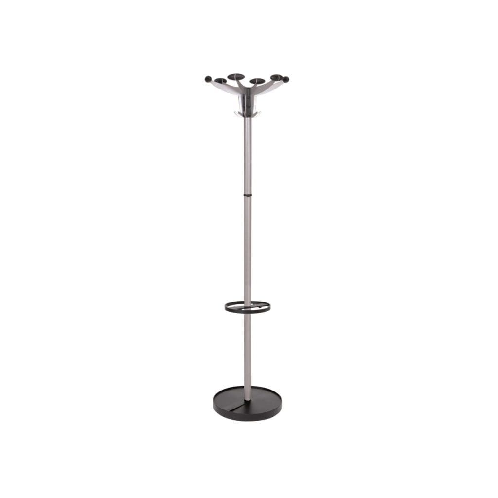 Cluster coat stand with black hooks, silver pole and umbrella loops on weighted base